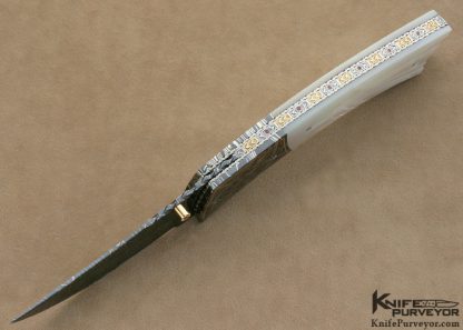 Vernie Reed Custom Knife 24Kt Gold Inlaid Damascus & Fluted Mother of Pearl Linerlock - Image 6