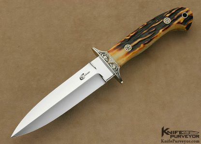Curt Erickson Custom Knives Amber Stag Short Fighter Engraved by Julie Warenski with 24Kt Gold Inlays and Pave Set Diamonds