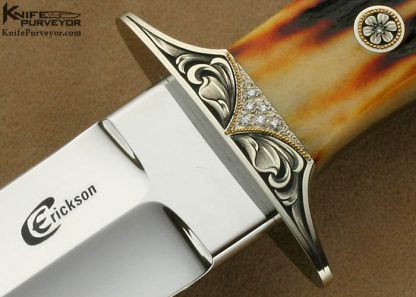 Curt Erickson Custom Knives Amber Stag Short Fighter Engraved by Julie Warenski with 24Kt Gold Inlays and Pave Set Diamonds - Image 2