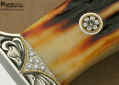 Curt Erickson Custom Knives Amber Stag Short Fighter Engraved by Julie Warenski with 24Kt Gold Inlays and Pave Set Diamonds - Image 3