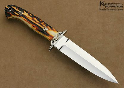 Curt Erickson Custom Knives Amber Stag Short Fighter Engraved by Julie Warenski with 24Kt Gold Inlays and Pave Set Diamonds - Image 5