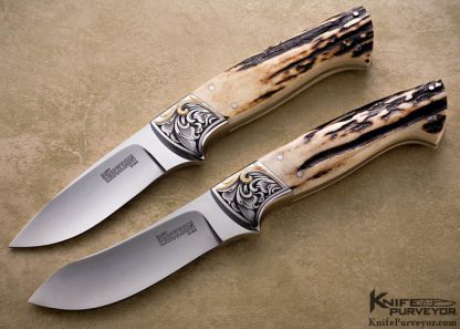 Curt Erickson Custom Knives Pair of Julie Warenski Engraved Stag Drop Point Hunter and Skinner Knives