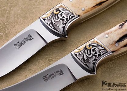 Curt Erickson Custom Knives Pair of Julie Warenski Engraved Stag Drop Point Hunter and Skinner Knives - Image 2