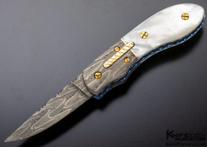 Dale Reif Custom Knife Damascus, Titanium and Mother of Pearl Auto Linerlock 9492