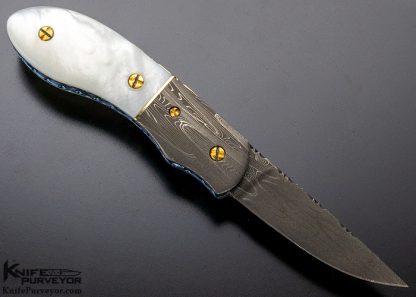 Dale Reif Custom Knife Damascus, Titanium and Mother of Pearl Auto Linerlock (Featured in a Video) - Image 4