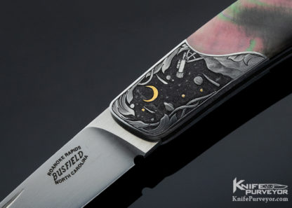 Jack Busfield Custom Knife Black Lip Pearl Lockback "Stars" Dan Wilkenson Engraved Black Lip Tahitian Pearl Shell w/ Gold - Image 2