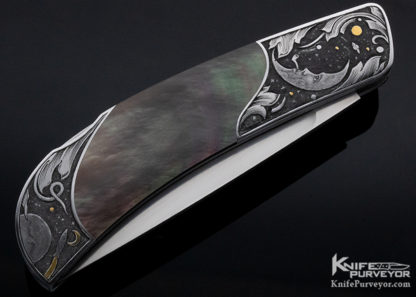Jack Busfield Custom Knife Black Lip Pearl Lockback "Stars" Dan Wilkenson Engraved Black Lip Tahitian Pearl Shell w/ Gold - Image 5