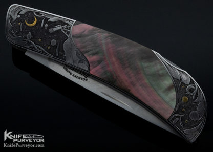 Jack Busfield Custom Knife Black Lip Pearl Lockback "Stars" Dan Wilkenson Engraved Black Lip Tahitian Pearl Shell w/ Gold - Image 6