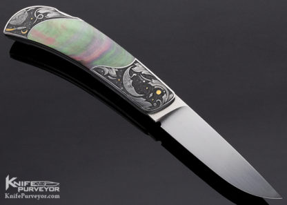Jack Busfield Custom Knife Black Lip Pearl Lockback "Stars" Dan Wilkenson Engraved Black Lip Tahitian Pearl Shell w/ Gold - Image 3