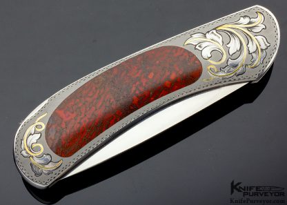 Steve Hoel Custom Knife Small Drop Point Lockback Engraved by Daniele Pozzi Interframe with Fossil Dinosaur Bone - Image 3