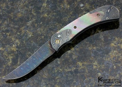 Darrel Ralph Custom Knife DDR Damascus & Black Lip Pearl Shell Automatic Linerlock with File Worked 18K Gold Spine