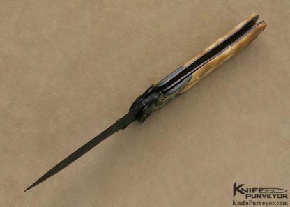 David Broadwell Custom Knife Engraved by Ray Cover Jr. Blued and Carved Damascus wtih Carved Fossilized Walrus Ivory Linerlock - Image 6