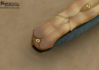 David Broadwell Custom Knife Engraved by Ray Cover Jr. Blued and Carved Damascus wtih Carved Fossilized Walrus Ivory Linerlock - Image 4