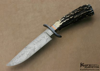 Dave Lisch Custom Knife Sole Authorship "Feather" Damascus & Popcorn Stag Hunter