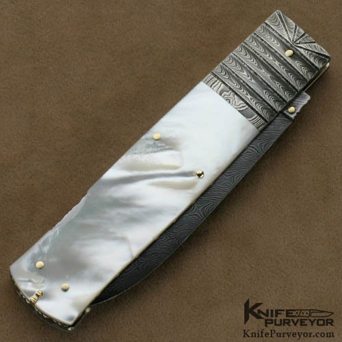 Barry Davis Custom Knife Sole Authorship Damascus & Mother of Pearl Lockback Dagger with a 14 Kt Gold Toothpick - Image 3