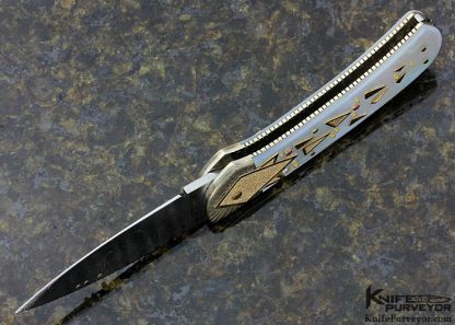 Dellana Custom Knife Sole Authorship Damascus with 14Kt Gold, Diamond and Ruby Encrusted Lockback "Meteor Shower" Featured in "The Art knives of Van Barnett & Dellana" - Image 4