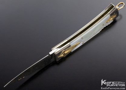 Dellana Custom Knife "To The Point" 14Kt and 18Kt Gold Highlights with Mother of Pearl & Damascus Lockback - Image 5