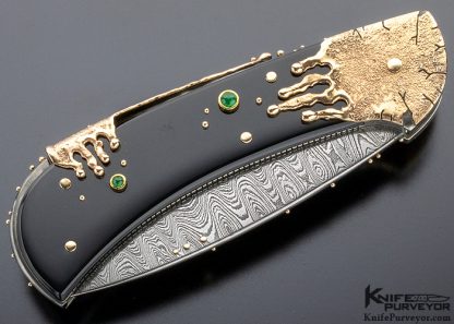 Dellana Custom Knife "Black Magic" Sole Authorship Ladder Pattern Damascus 14K Gold "Meltdown" with Edwards Black Jade & Diamonds - Image 5