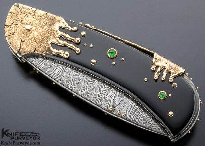 Dellana Custom Knife "Black Magic" Sole Authorship Ladder Pattern Damascus 14K Gold "Meltdown" with Edwards Black Jade & Diamonds - Image 6