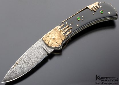 Dellana Custom Knife "Black Magic" Sole Authorship Ladder Pattern Damascus 14K Gold "Meltdown" with Edwards Black Jade & Diamonds