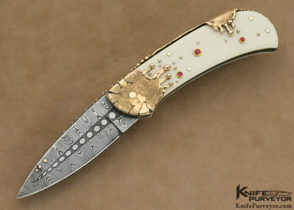 Dellana Custom Knife Mammoth & Sole Authorship Mosaic Damascus with 14Kt Melted Dripping Gold with Ruby "Meltdown" Lockback