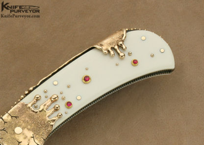 Dellana Custom Knife Mammoth & Sole Authorship Mosaic Damascus with 14Kt Melted Dripping Gold with Ruby "Meltdown" Lockback - Image 3