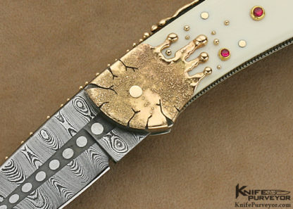 Dellana Custom Knife Mammoth & Sole Authorship Mosaic Damascus with 14Kt Melted Dripping Gold with Ruby "Meltdown" Lockback - Image 2