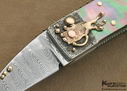 Dellana Custom Knife Minor Meltdown Sole Authorship Damascus Black Lip Pearl Gold Lockback - Image 2