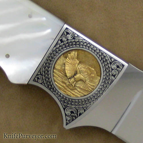 D'Alton Holder Custom Knife Mother of Pearl Finger Groove Hunter w/ Golden Eagles Engraved by Bruce Shaw - Image 3