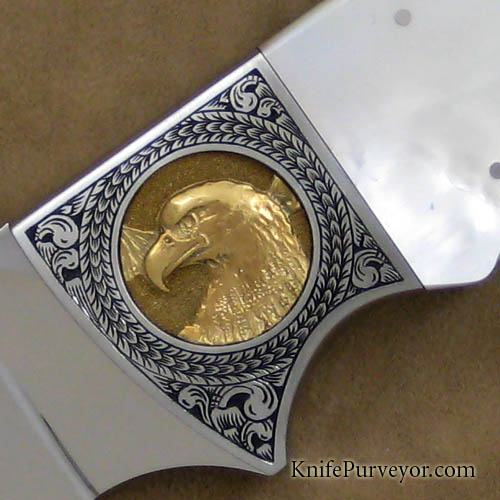 D'Alton Holder Custom Knife Mother of Pearl Finger Groove Hunter w/ Golden Eagles Engraved by Bruce Shaw - Image 2