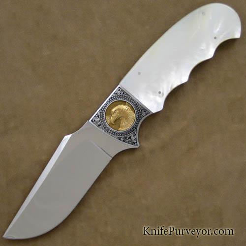 D'Alton Holder Custom Knife Mother of Pearl Finger Groove Hunter w/ Golden Eagles Engraved by Bruce Shaw