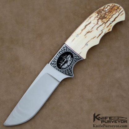 D'Holder Custom Knife Mammoth Ivory Finger Groove Hunter with Elk engraving by Bruce Shaw