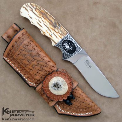 D'Holder Custom Knife Mammoth Ivory Finger Groove Hunter with Elk engraving by Bruce Shaw - Image 2