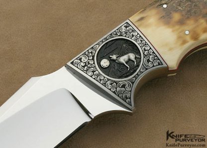 D'Alton Holder Custom Knife Mammoth Ivory "Clip Blade Finger Groove Hunter" Engraved by Bruce Shaw "Wolf" - Image 2