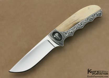 D'Holder Custom Knife Semi-Interframe Bark Mammoth Ivory Finger Groove Hunter with Elephant Engraving by Bruce Shaw