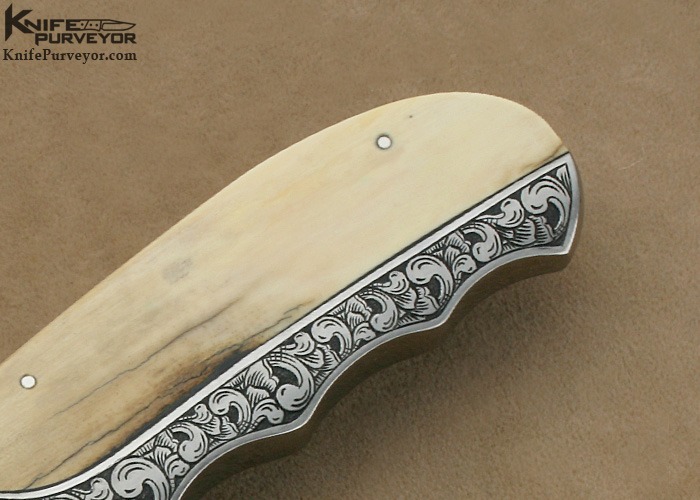 D'Holder Custom Knife Semi-Interframe Bark Mammoth Ivory Finger Groove Hunter with Elephant Engraving by Bruce Shaw - Image 3