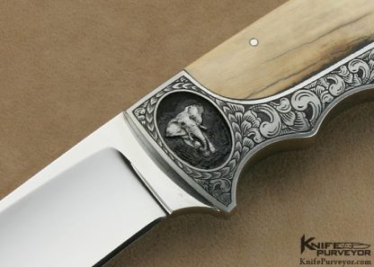 D'Holder Custom Knife Semi-Interframe Bark Mammoth Ivory Finger Groove Hunter with Elephant Engraving by Bruce Shaw - Image 2