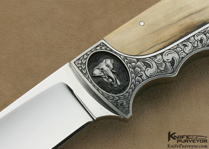 D'Holder Custom Knife Semi-Interframe Bark Mammoth Ivory Finger Groove Hunter with Elephant Engraving by Bruce Shaw - Image 2