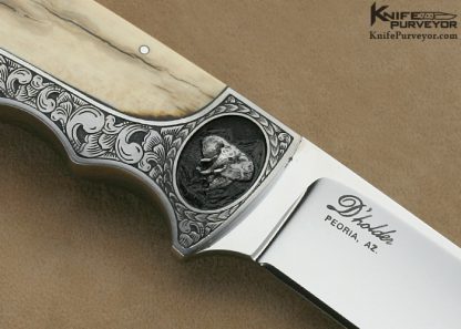 D'Holder Custom Knife Semi-Interframe Bark Mammoth Ivory Finger Groove Hunter with Elephant Engraving by Bruce Shaw - Image 4