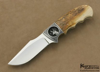D'Alton Holder Custom Knife Mammoth Ivory "Clip Blade Finger Groove Hunter" Engraved by Bruce Shaw "Antelope"