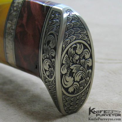 D'Holder Custom Knife Maple Burl with Yellow Amber & Oosic Engraved by Bruce Shaw - Image 3