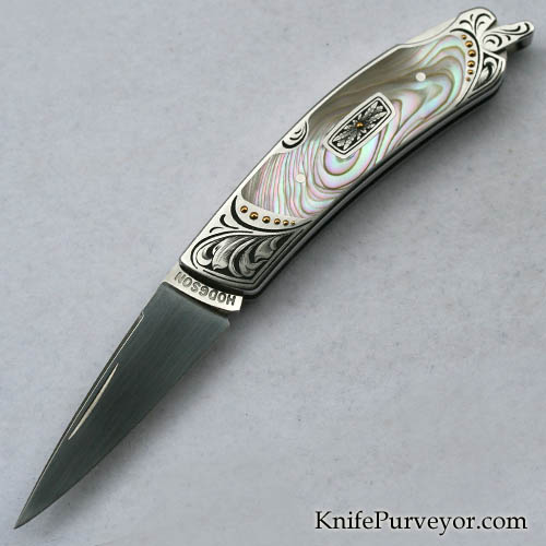 Dick Hodgson Custom Knife Abalone Lockback Engraved by Julie Warenski