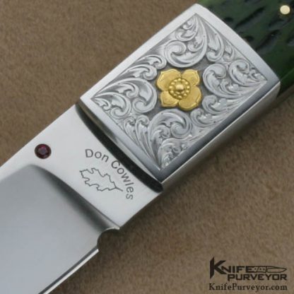 Don Cowles Custom Knives Jim Small Engraved Green Jigged Bone Spear - Image 2