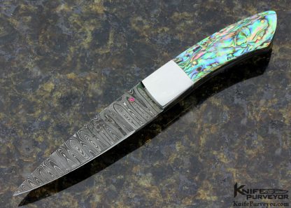 Don Cowles Custom Knife Damascus Abalone Fixed Blade with Black Leather Sheath 15822