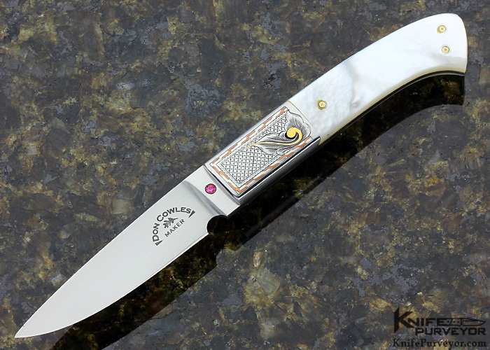 Don Cowles Custom Knife Mother of Pearl Shell Fixed Blade Engraved by Jim Small
