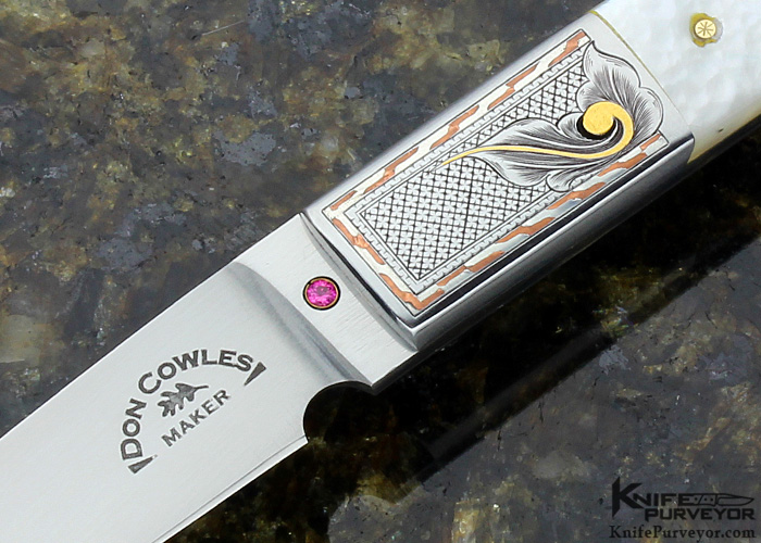 Don Cowles Custom Knife Mother of Pearl Shell Fixed Blade Engraved by Jim Small - Image 2