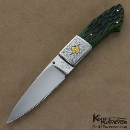 Don Cowles Custom Knives Jim Small Engraved Green Jigged Bone Spear