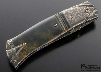 Don Hanson Custom Knife Fluted Mammoth & Sole Authorship Damascus Linerlock with Fileworked 14 Kt Gold Inlaid Spine - Image 5