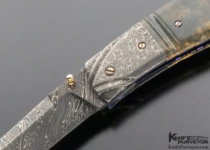 Don Hanson Custom Knife Fluted Mammoth & Sole Authorship Damascus Linerlock with Fileworked 14 Kt Gold Inlaid Spine - Image 2