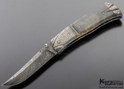 Don Hanson Custom Knife Fluted Mammoth & Sole Authorship Damascus Linerlock with Fileworked 14 Kt Gold Inlaid Spine